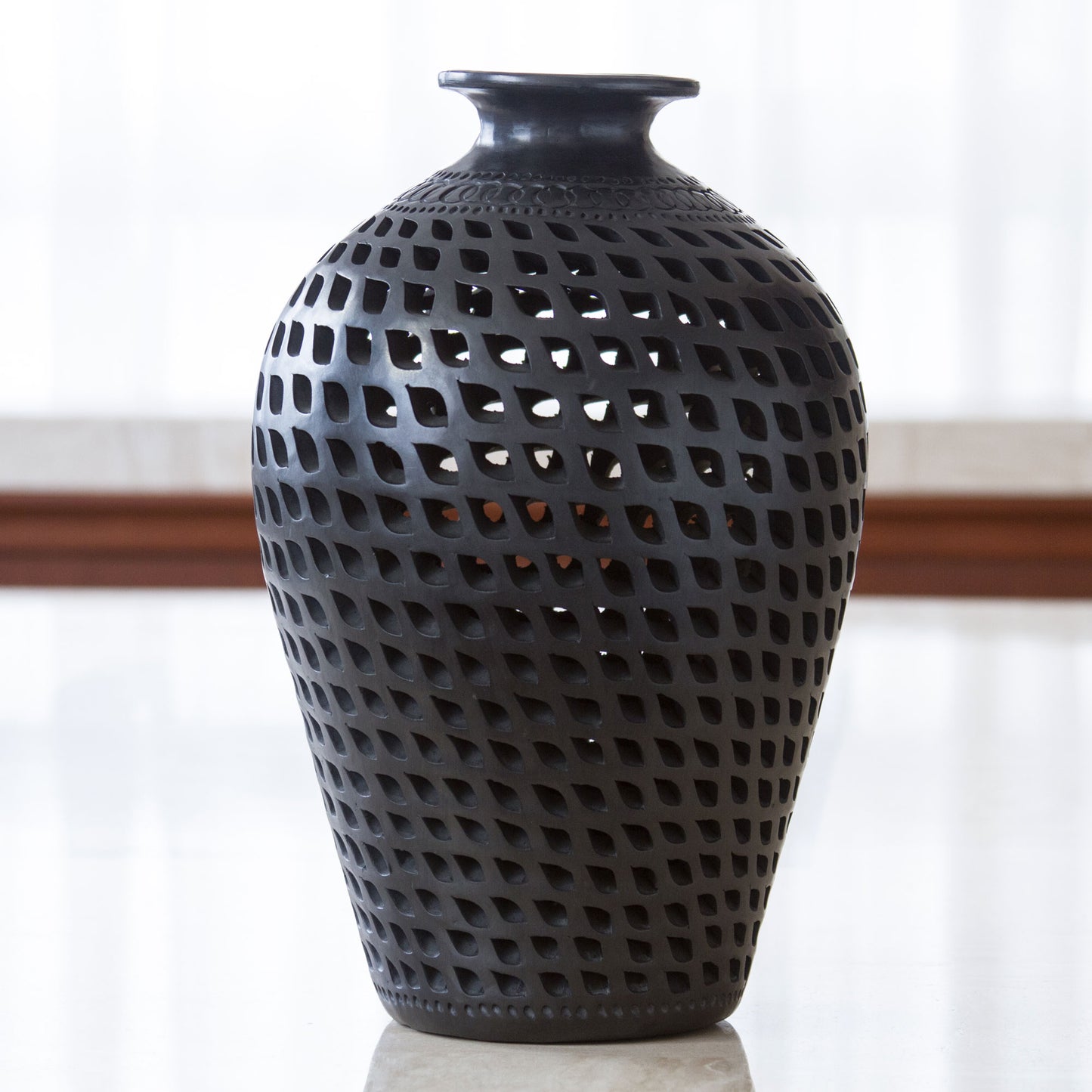 Leaves in Darkness Mexican Cutout Black Pottery Vase