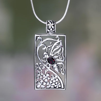 Butterfly in Jasmine Silver and Garnet Butterfly Necklace