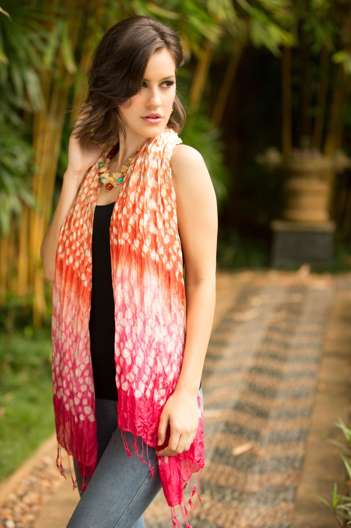 Fabulous Peach Orange and Pink Tie Dye Silk Blend Scarf