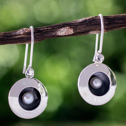 Moon Intrigue Taxco Silver Earrings with Cultured Pearl