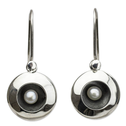 Moon Intrigue Taxco Silver Earrings with Cultured Pearl