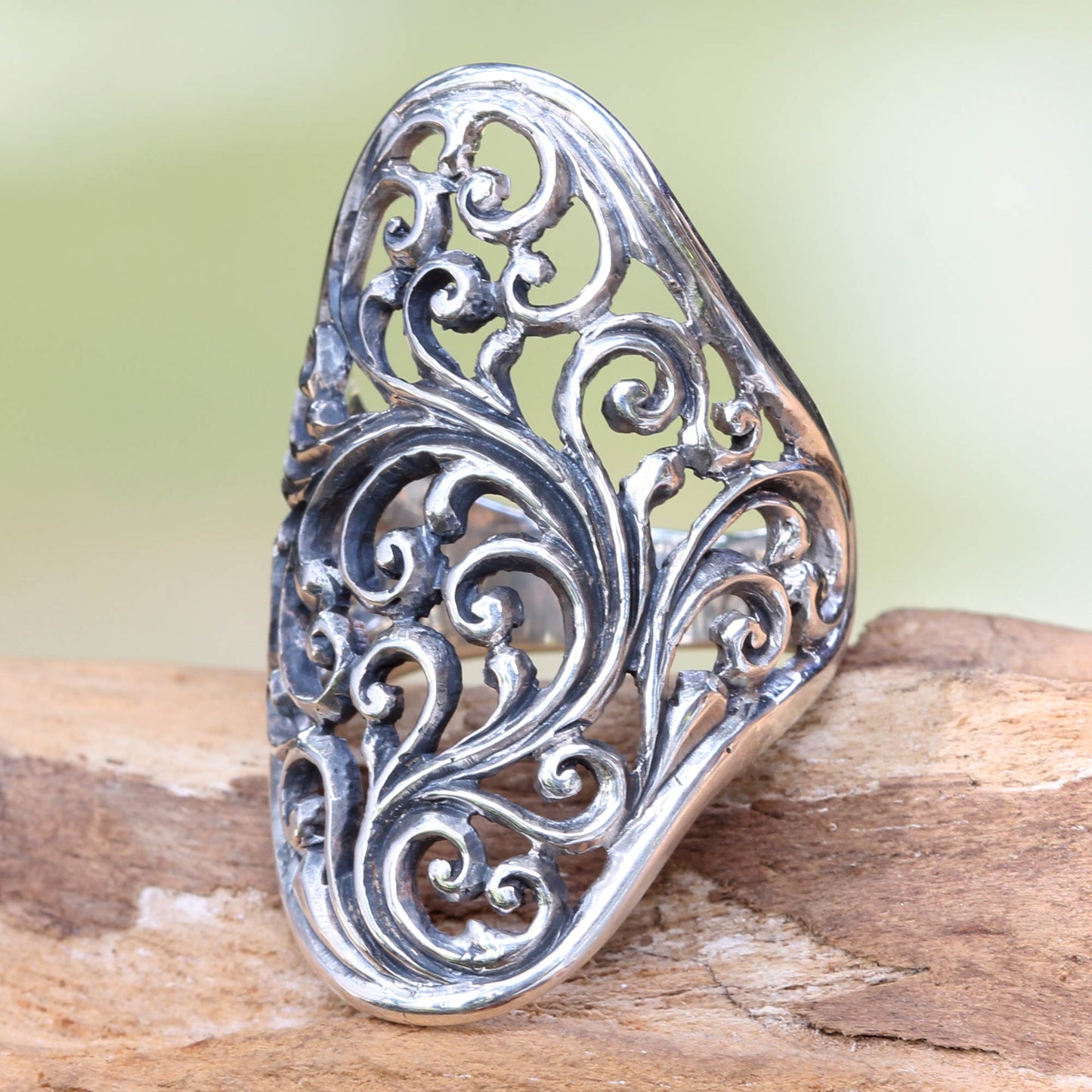 Sukawati Fern Hand Crafted Sterling Silver Cocktail Ring from Indonesia