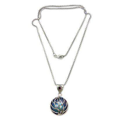 Secret World Blue Mabe Pearl Garnet and Silver Handcrafted Necklace