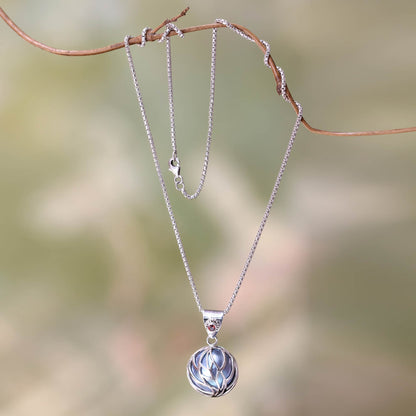Secret World Blue Mabe Pearl Garnet and Silver Handcrafted Necklace