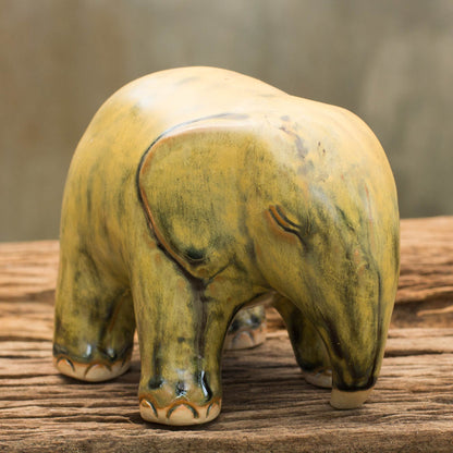 Yellow Elephant Mottled Yellow Celadon Ceramic Figurine