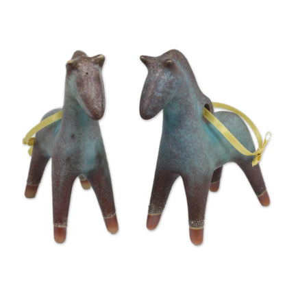 Horses of Winter Antiqued Celadon Ceramic Christmas Ornaments (Pair)