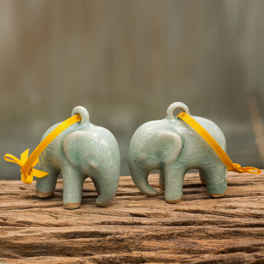 Light Blue Elephant Crackled Green Celadon Ceramic Ornaments (Pair)