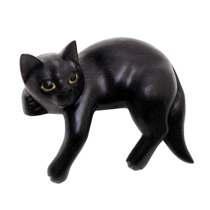 Black Cat Relaxes Signed Balinese Black Cat Sculpture