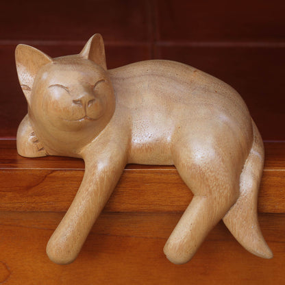 Smiling Cat Relaxes Signed Balinese Tabby Cat Sculpture