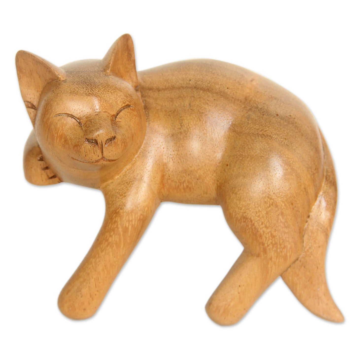 Smiling Cat Relaxes Signed Balinese Tabby Cat Sculpture