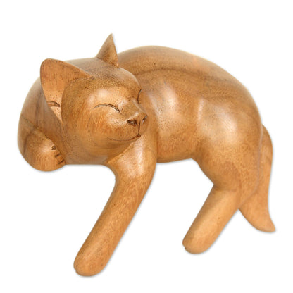 Smiling Cat Relaxes Signed Balinese Tabby Cat Sculpture