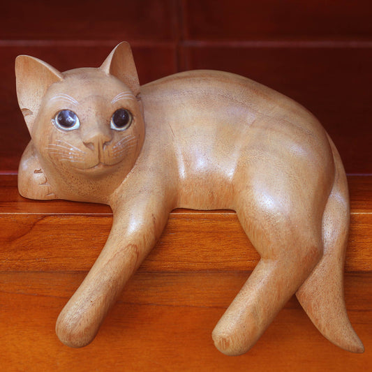 Ginger Cat Relaxes Signed Balinese Ginger Cat Sculpture