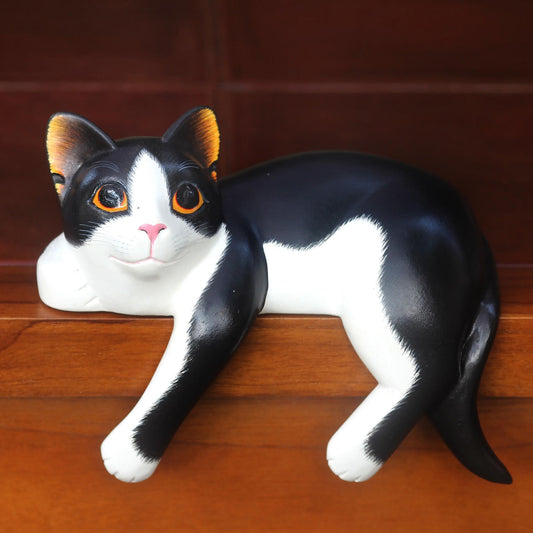 Tuxedo Cat Relaxes Signed Balinese Tuxedo Cat Sculpture