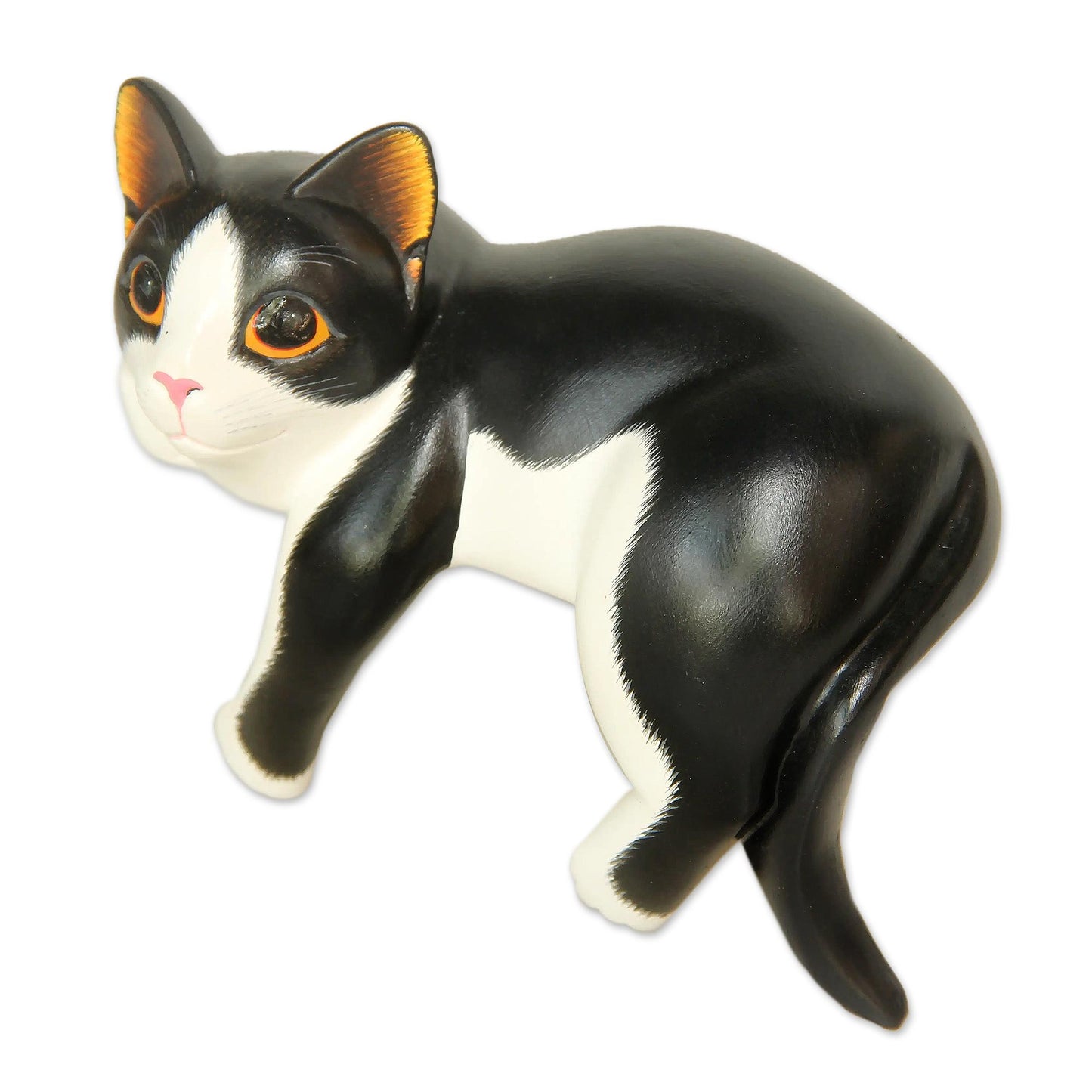 Tuxedo Cat Relaxes Signed Balinese Tuxedo Cat Sculpture