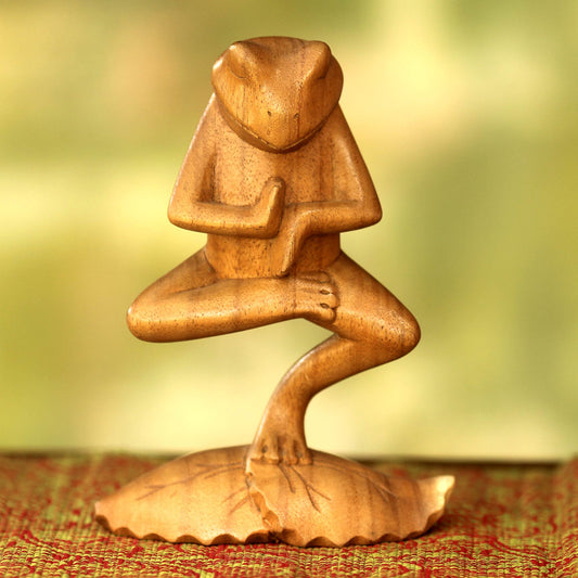 Yoga Tree Pose Frog Hand Carved Animal Theme Wood Sculpture