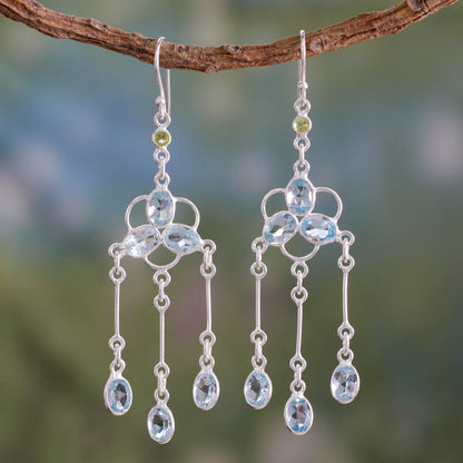 Midsummer Light Blue Topaz and Peridot Silver Chandelier Earrings