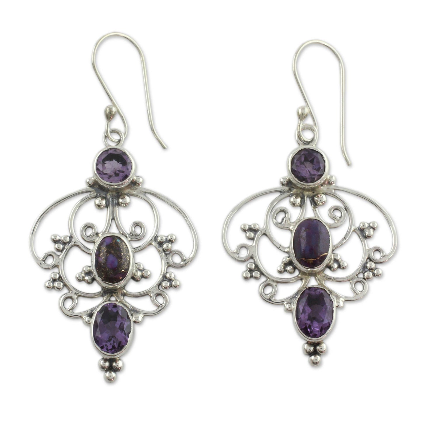 Purple Arabesque Artisan Crafted Amethyst Earrings with Composite Turquoise