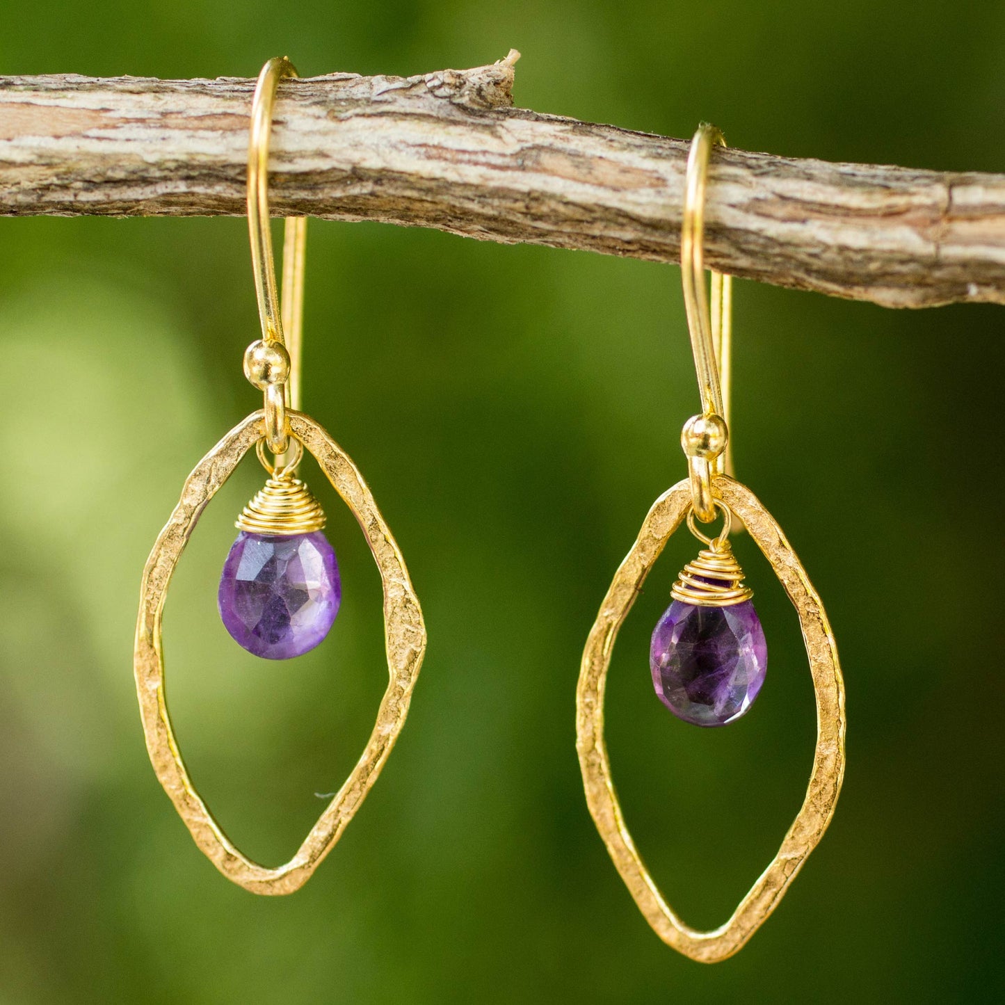 Swinging Ellipses Gold Plated Handcrafted Earrings with Amethyst