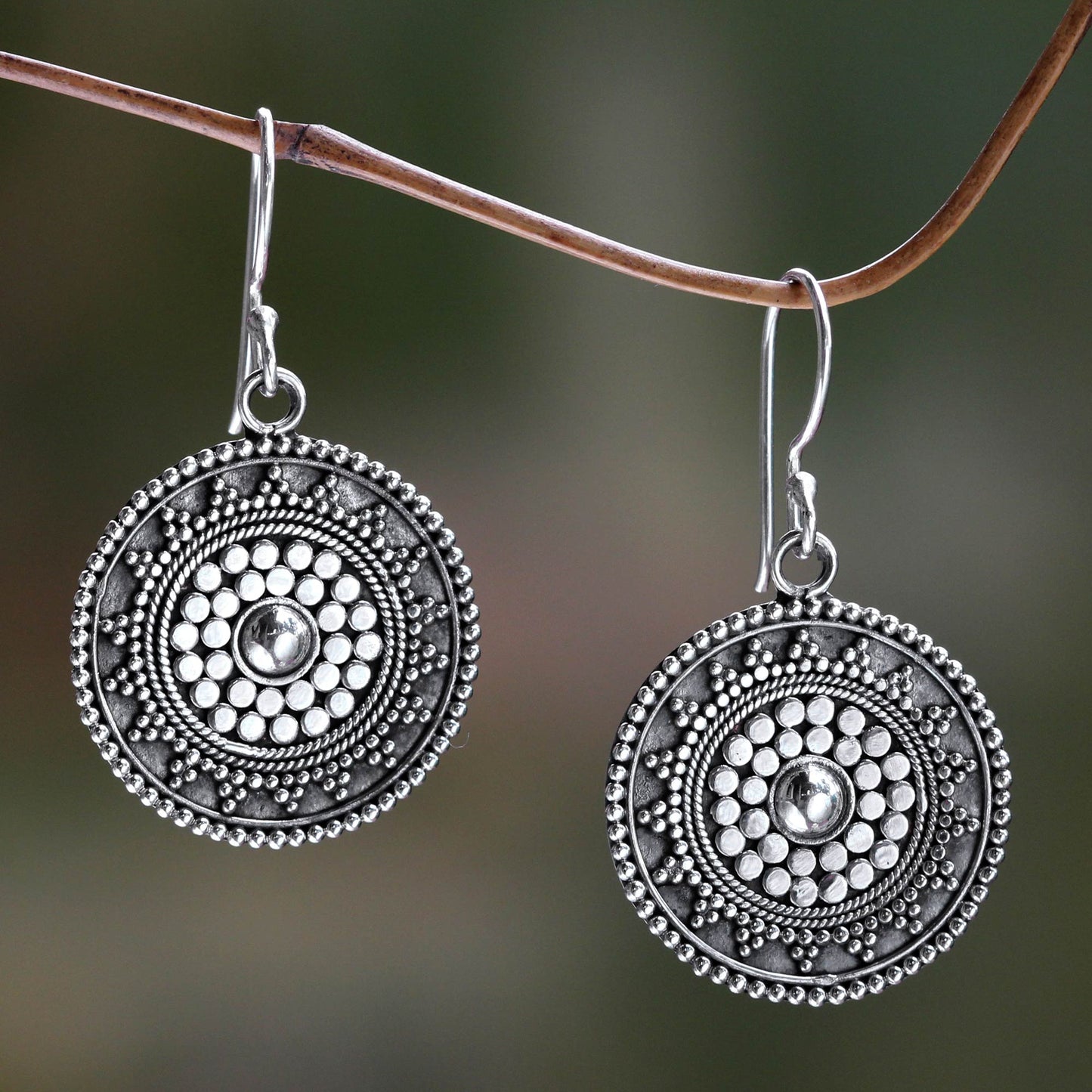 Indonesian Sun Silver Dangle Hook Earrings