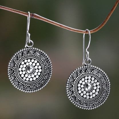 Indonesian Sun Silver Dangle Hook Earrings