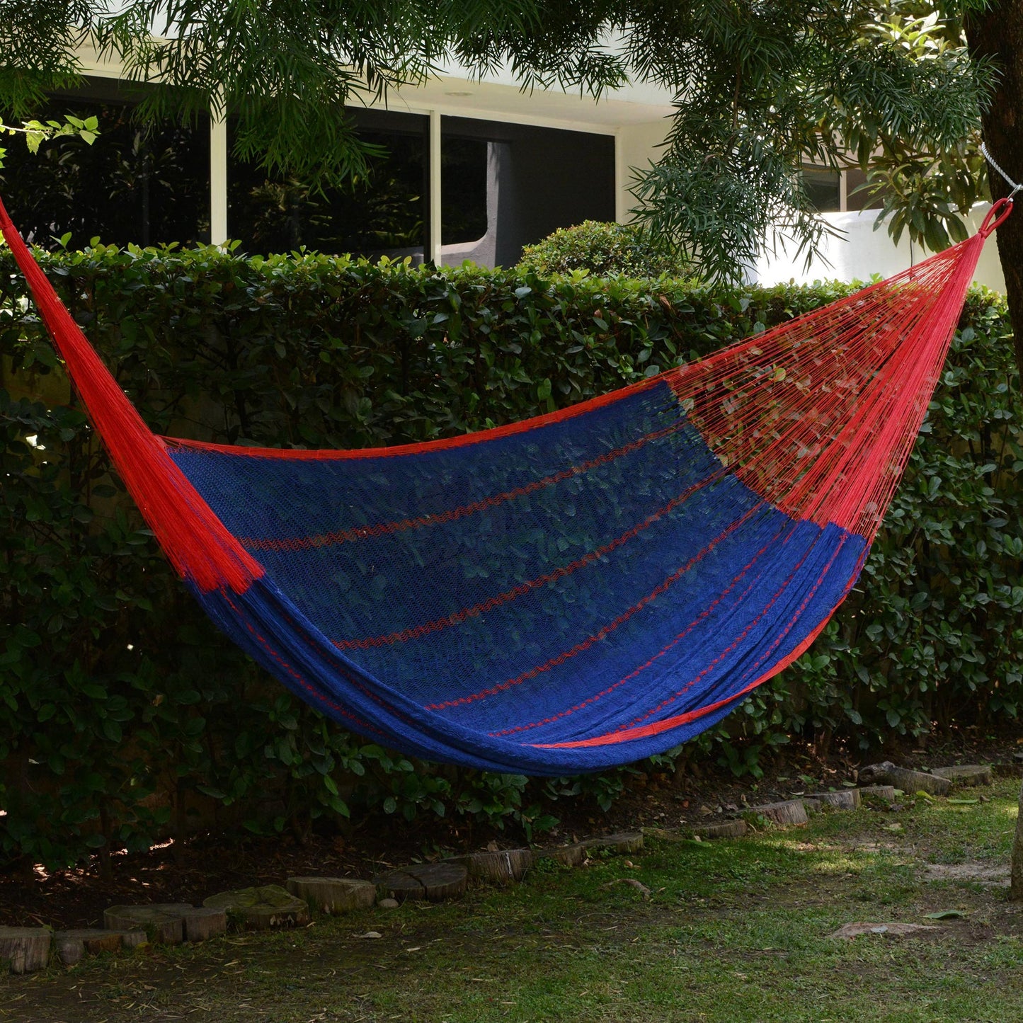 Puerto Vallarta Blue Cotton Maya Hammock with Red Trim from Mexico