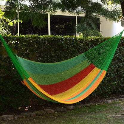 Colima Green and Yellow Cotton Maya Hammock with Red Trim