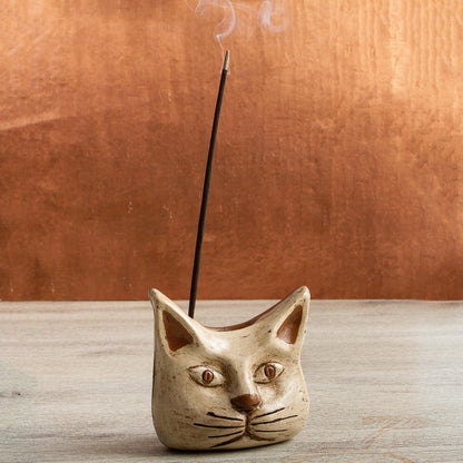 Owl Cat Animal Theme Burnished Clay Incense Holder from Mexico