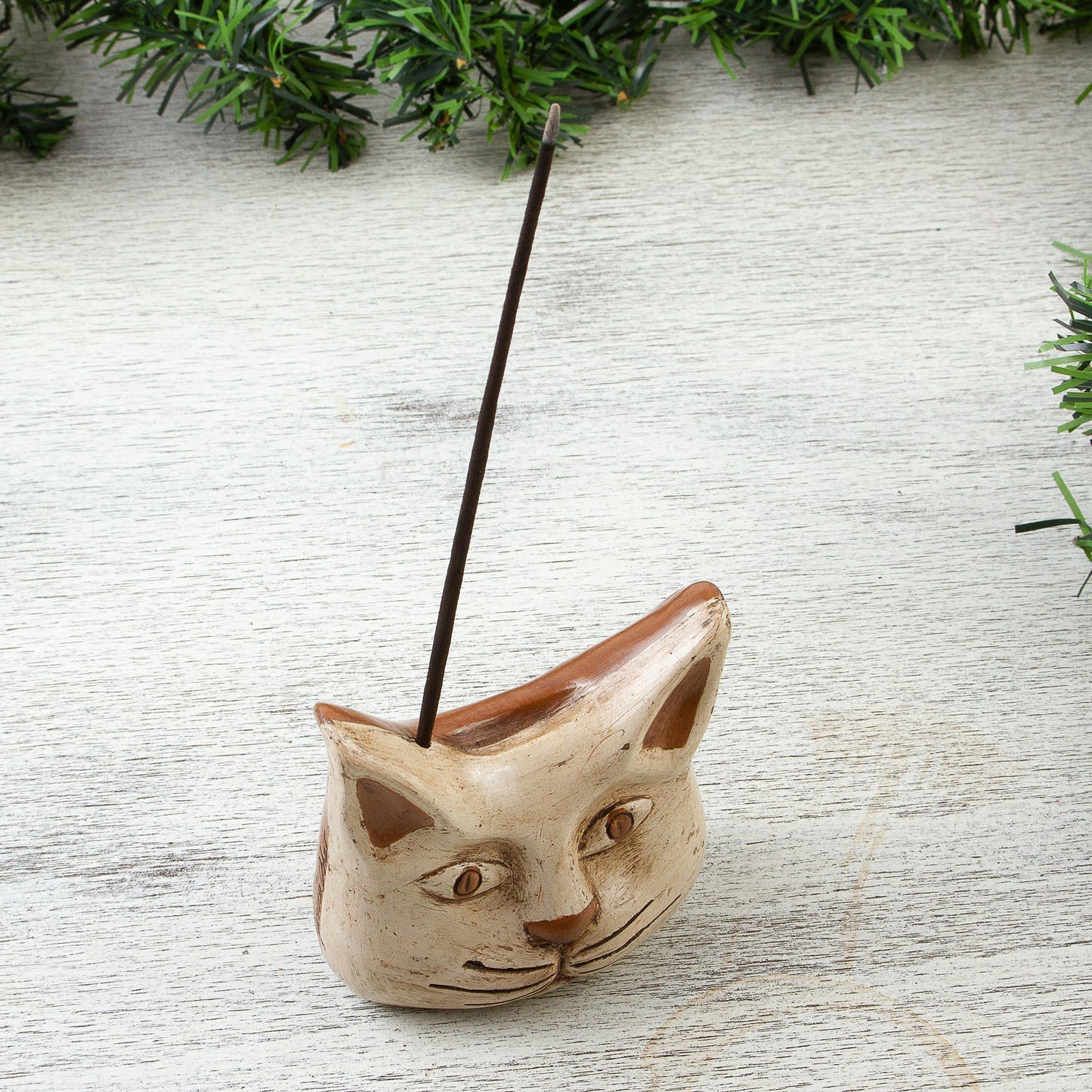 Owl Cat Animal Theme Burnished Clay Incense Holder from Mexico