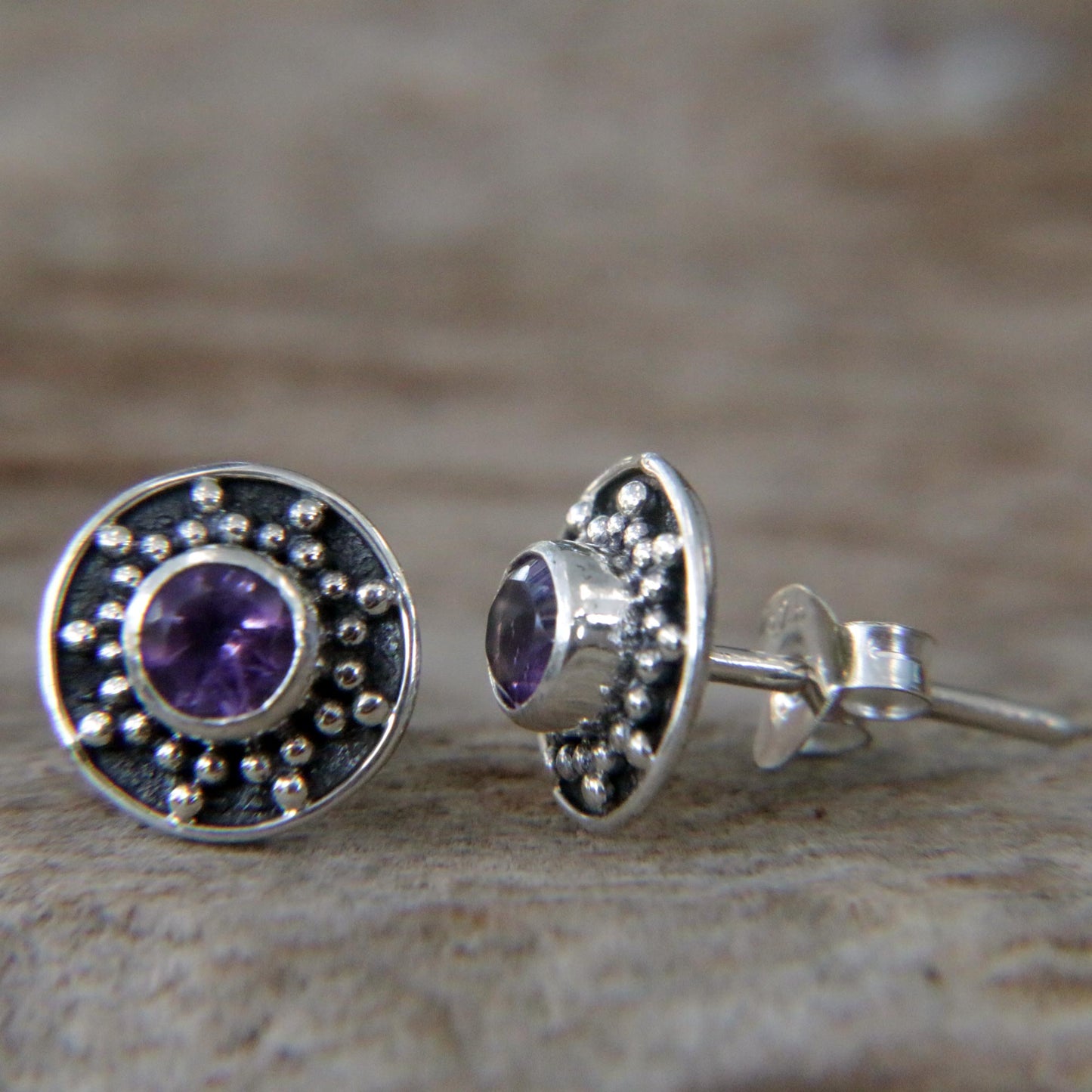 Winter Halo Amethyst and Sterling Silver Stud Earrings from Bali