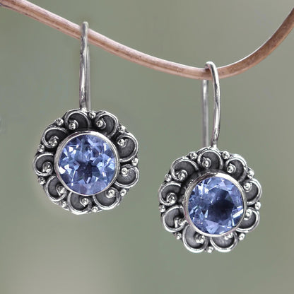 Singaraja Sunflower Blue Balinese Blue Topaz Sunflower Drop Earrings