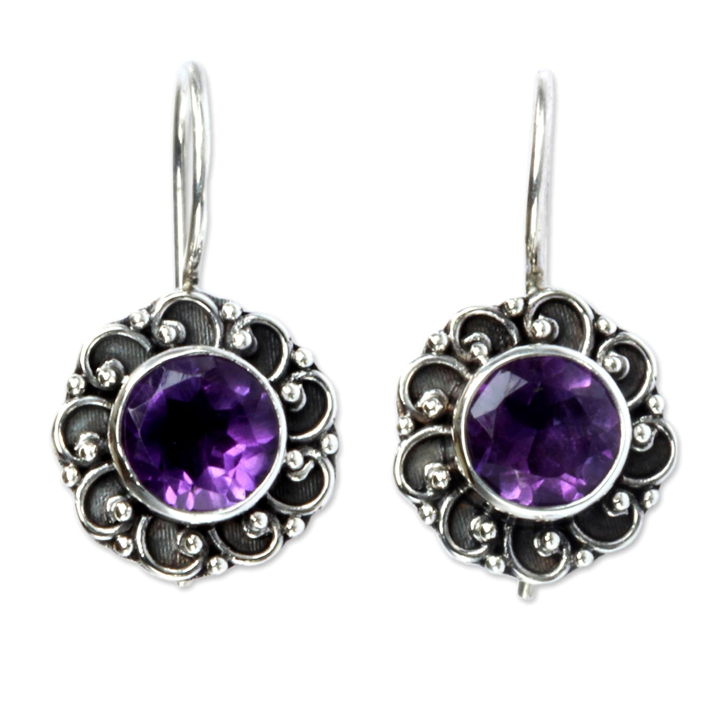 Singaraja Sunflower Purple Amethyst Sunflower Drop Earrings from Bali