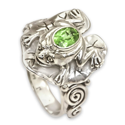 Green Rainforest Frog Silver Peridot Ring