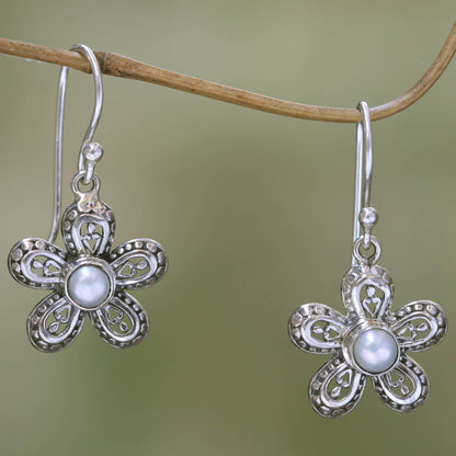 White Forget-Me-Not Pearl and Sterling Silver Flower Dangle Earrings