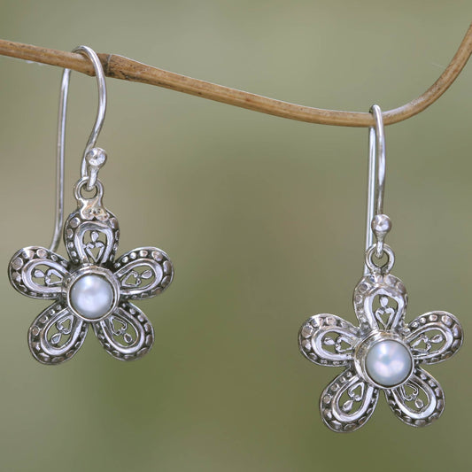 White Forget-Me-Not Pearl and Sterling Silver Flower Dangle Earrings