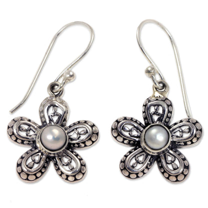 White Forget-Me-Not Pearl and Sterling Silver Flower Dangle Earrings