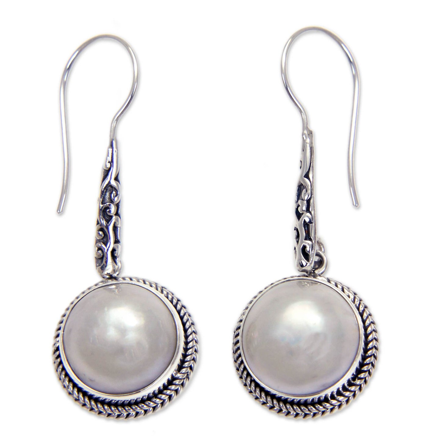 White Camellia Cultured Mabe Pearl Dangle Earrings from Bali