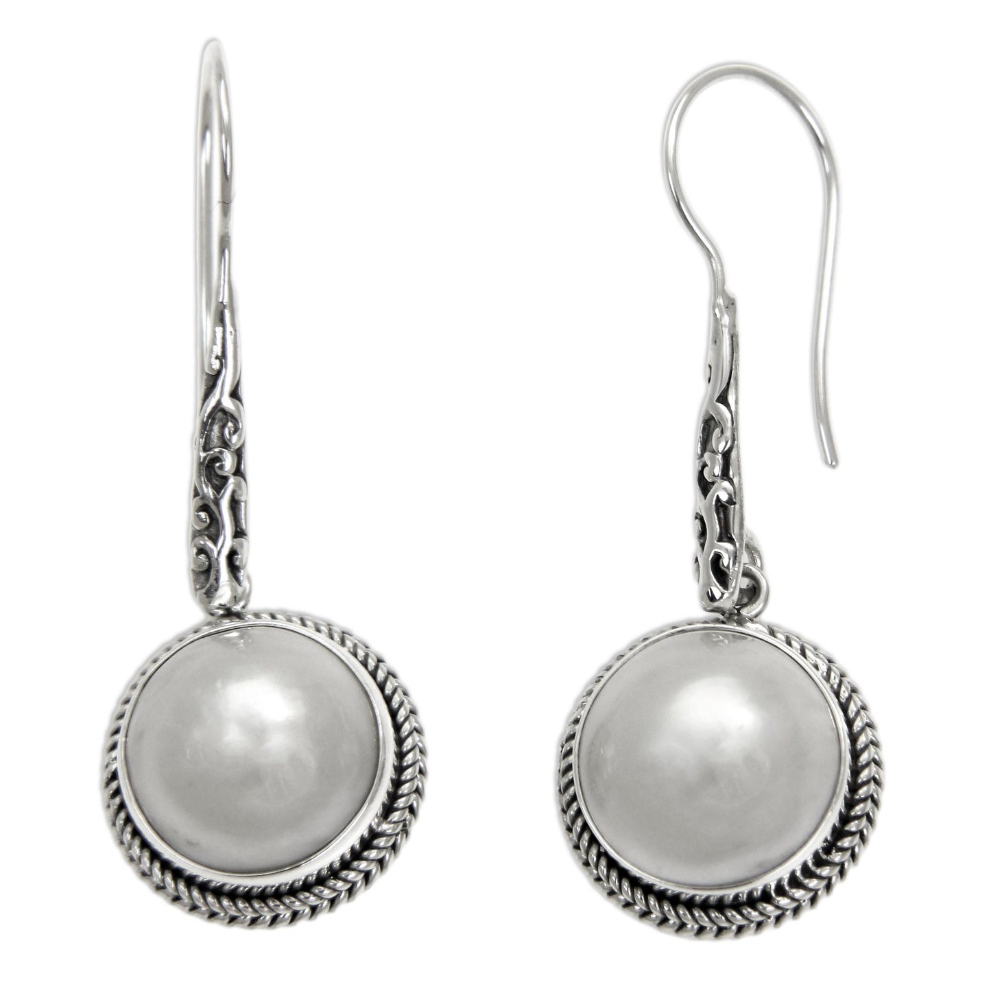 White Camellia Cultured Mabe Pearl Dangle Earrings from Bali