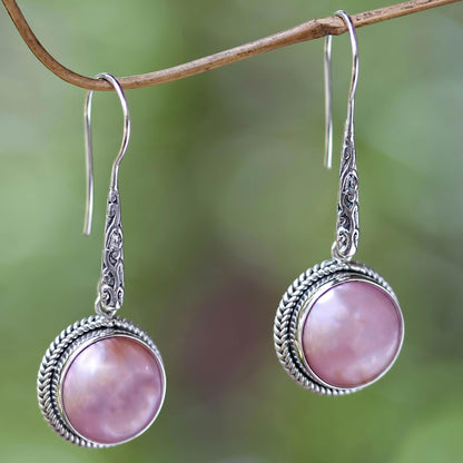 Balinese Camellia Balinese Cultured Pink Pearl Dangle Earrings