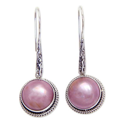 Balinese Camellia Balinese Cultured Pink Pearl Dangle Earrings