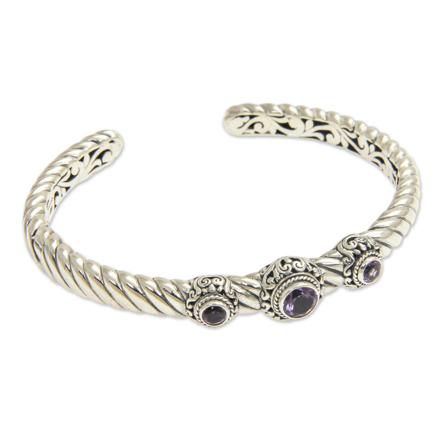 Triple Crown in Purple Amethyst and Sterling Silver Cuff Bracelet from Bali