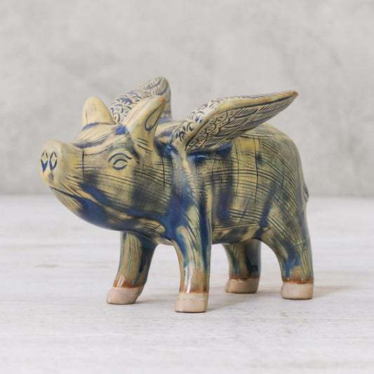 Flying Pig Ceramic Flying Pig in Mustard and Blue Shades