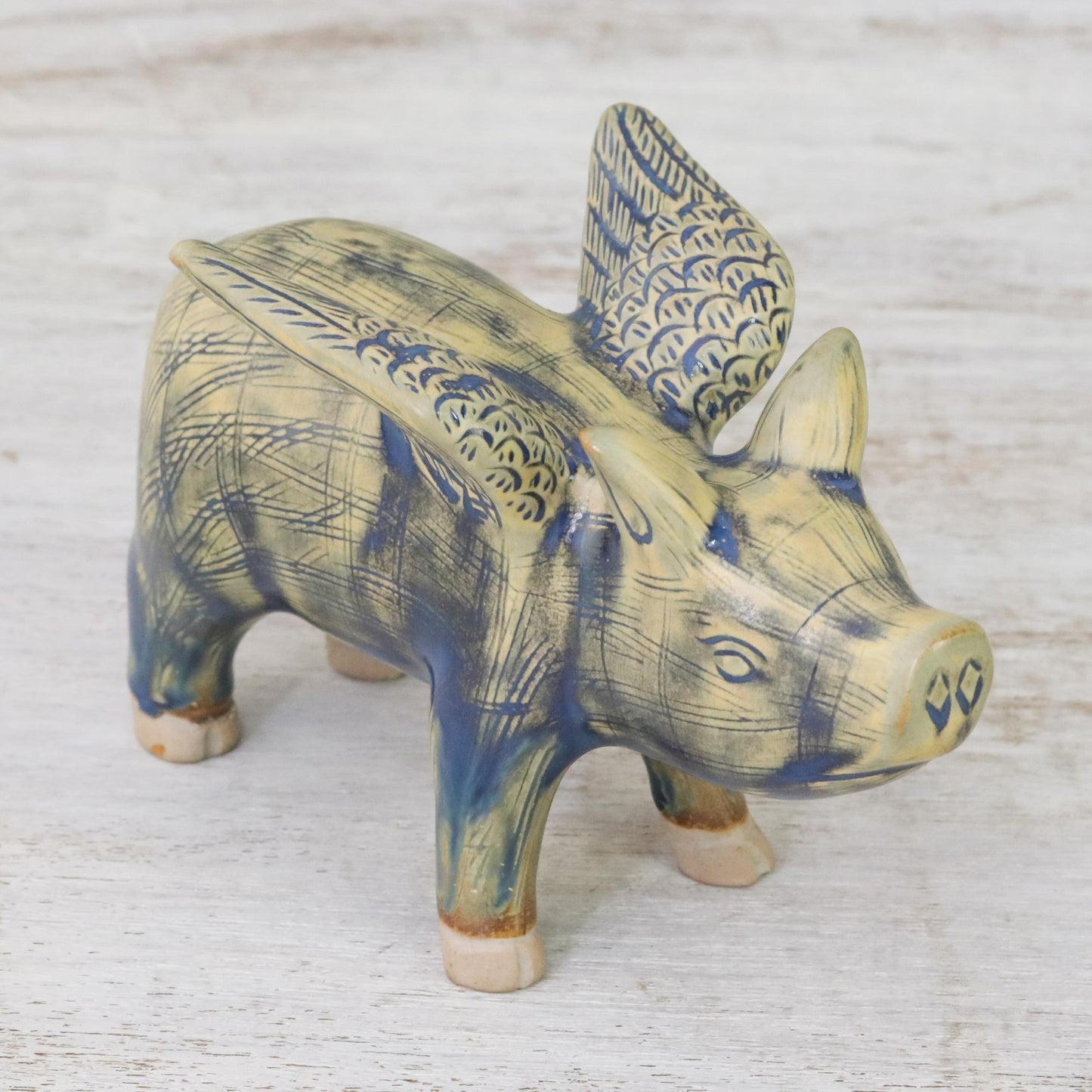 Flying Pig Ceramic Flying Pig in Mustard and Blue Shades