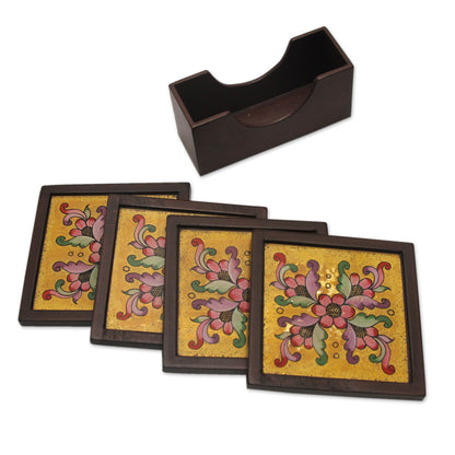 Blushing Blooms Four Hand Painted Glass Coasters and Holder
