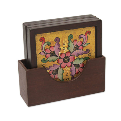 Blushing Blooms Four Hand Painted Glass Coasters and Holder