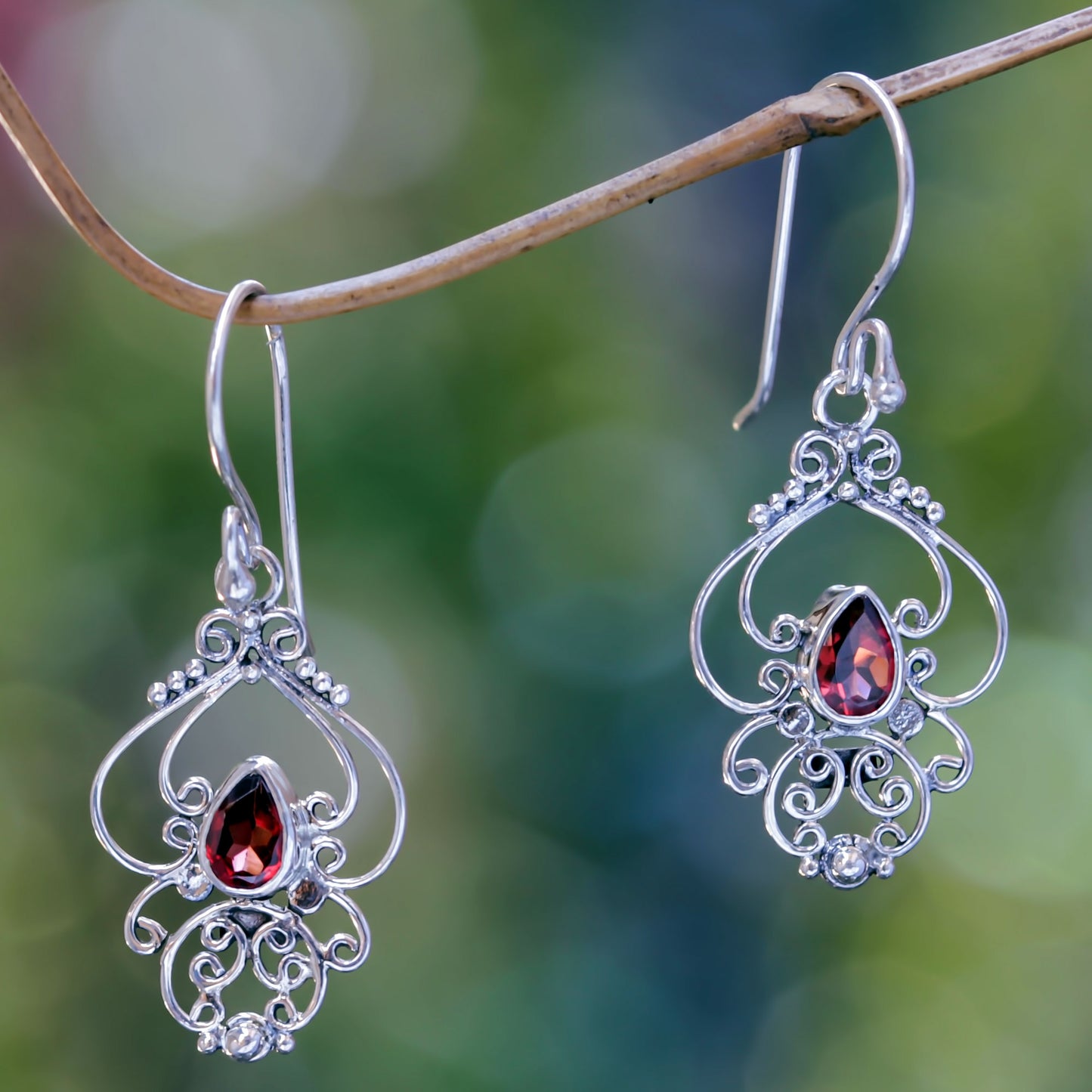 Crimson Arabesque Ornate Garnet and Sterling Silver Dangle Earrings