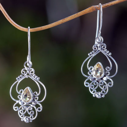 Golden Arabesque Ornate Citrine and Sterling Silver Dangle Earrings