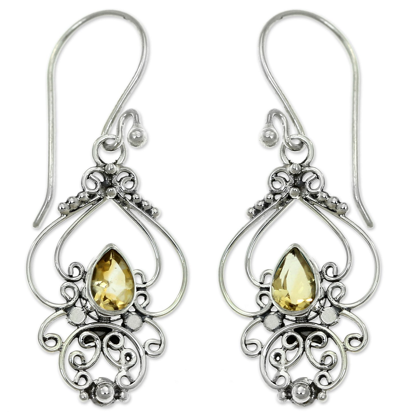 Golden Arabesque Ornate Citrine and Sterling Silver Dangle Earrings