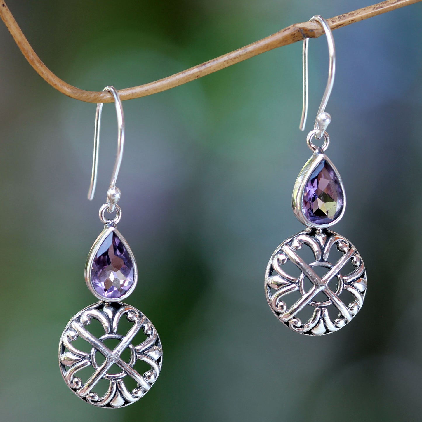 Purple Bali Cakra Sterling Silver and Amethyst Dangle Earrings from Bali