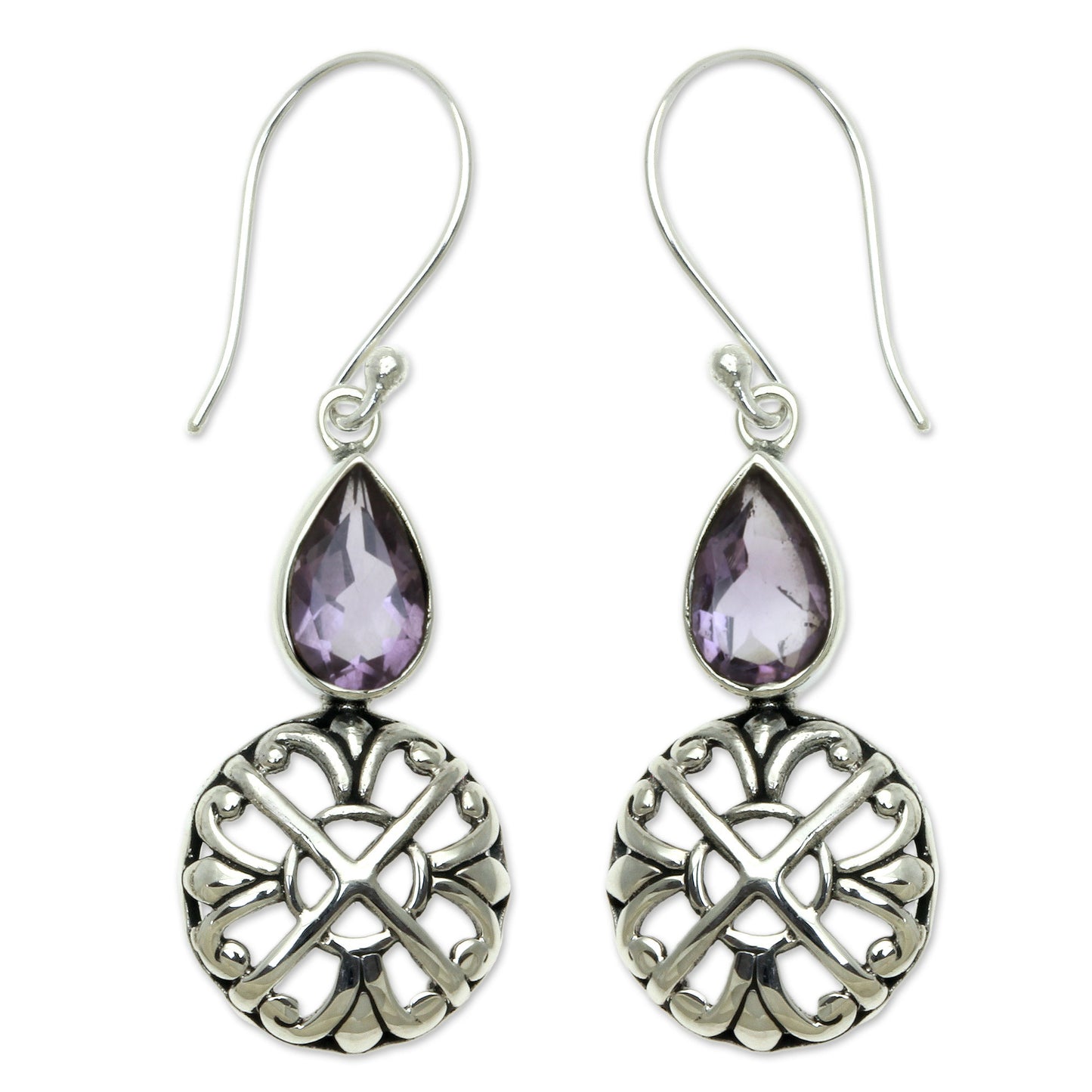 Purple Bali Cakra Sterling Silver and Amethyst Dangle Earrings from Bali