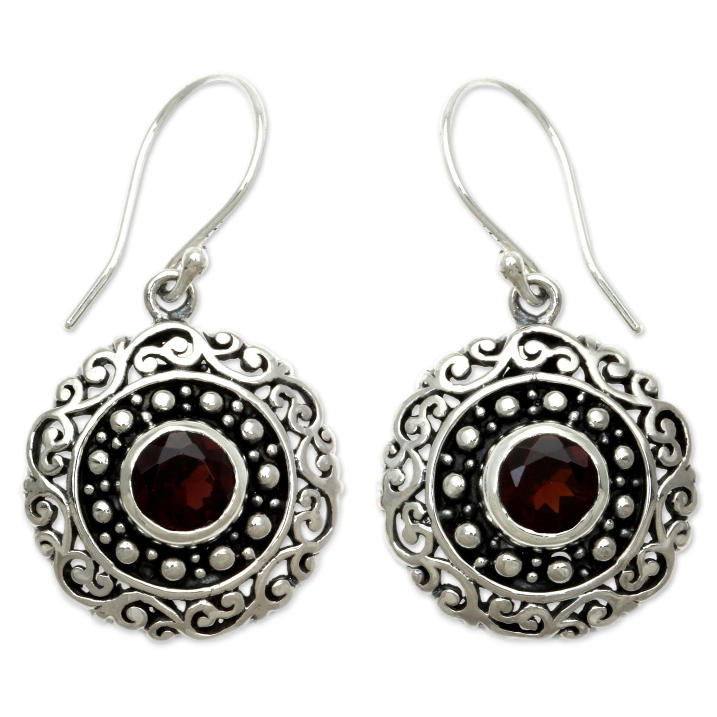 Solar Flares Round Sterling Silver and Garnet Dangle Earrings